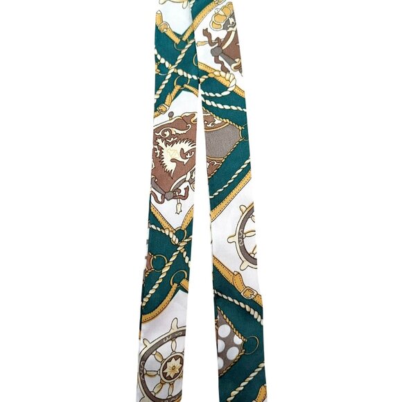 Silk Slim Scarf Green Brown Gold Nautical Crest Print 35In Long Equestrian No19 - Picture 4 of 10